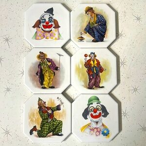 Set Of 6 Vintage Clown Capers Coasters Tile Cork Padding